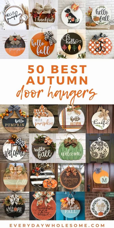 These are 50 Fall Door Hangers for Autumn Season to hang on your door like a wreath for Thanksgiving through Christmas season. Some of this door hanger ideas are wooden, round, pumpkin, wreaths, carved, or painted. Many have ribbons. Most are colored with orange, browns, white, reds and greens. Some are black & white. Some are neutral. Some could be an easy DIY or you can shop this post. #doorhanger #falldoorhanger #fallwreath #falldecor #fallhomedecor #diydoorhanger Door Hanger Ideas, Hanger Ideas, Door Hangers Diy, Idee Cricut, Door Signs Diy, Wooden Door Signs, Fall Door Hangers, Wood Door Hangers, Fall Halloween Crafts