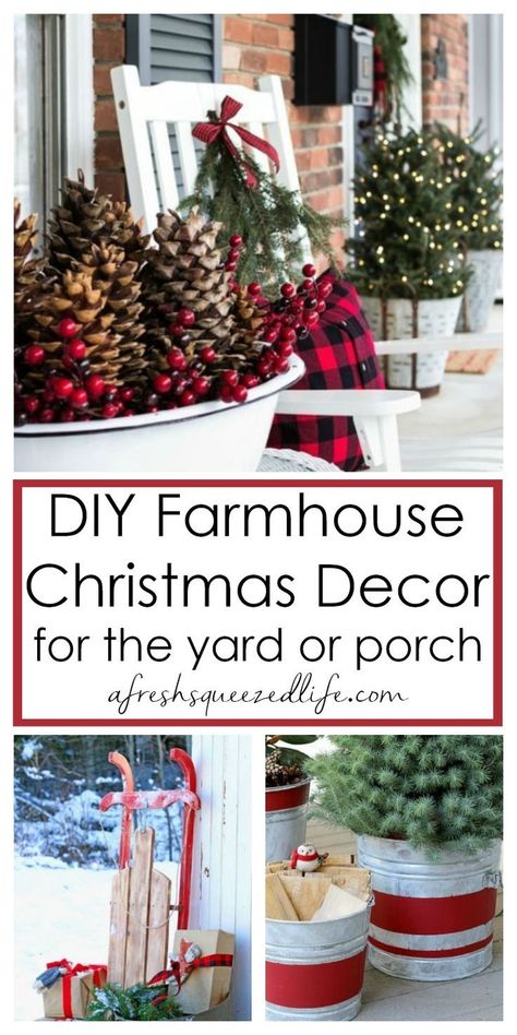 Get your yard and front porch ready for the season with these DIY Christmas decor ideas and projects.  Go rustic and farmhouse style outdoors to match your indoor look.  Gather your paint, galvanized buckets, pine tree branches and twinkling lights to create a winter wonderland outside.  These ornaments and decorations are not meant to stay in the house! #farmhousechristmas #diychristmas #christmasdiy Diy Christmas Deco, Diy Christmas Decor Ideas, Outdoor Farmhouse, Diy Christmas Decorations For Home, Outside Christmas Decorations, Diy Christmas Lights, Diy Christmas Decor, Christmas Decorating Ideas, Christmas Front Porch