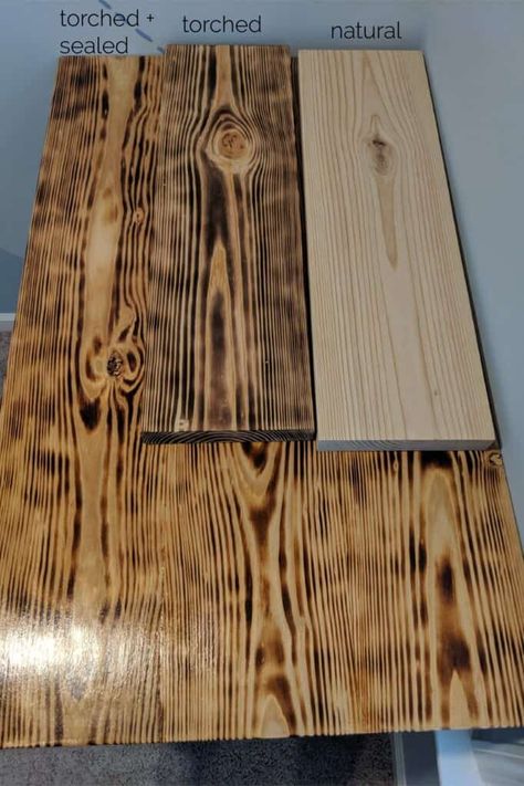 How to Torch Wood | DIY Torched Wood Countertop - Crafted by the Hunts Torched Wood Countertop, How To Torch Wood Diy, Torching Wood Diy, Torched Wood Projects, Burn Wood With Torch, Burnt Wood Countertops, Burned Wood Finish Diy, Burnt Wood Table, Basement Rooms