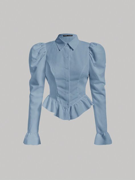 Flare Sleeve Ruffle Hem Puff Sleeve White Waisted Blouse Blue Casual  Long Sleeve Woven Fabric Plain Shirt Non-Stretch  Women Clothing, size features are:Bust: ,Length: ,Sleeve Length: Poofy Sleeve Shirt, Clothes Practice, French Blouse, Clothing Fabric Patterns, Blouse With Puff Sleeves, Modeling Outfits, Poofy Sleeves, Flare Blouse, Frill Blouse