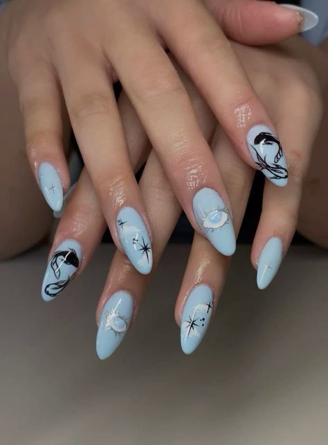 Satosugu Nail Art, Gojo Nails Design, Gojo Themed Nails, Cute Anime Nail Designs, Jjk Nails Designs Gojo, Gojo Inspired Nails, Nanami Nails, Anime Inspo Nails, Anime Inspired Nail Art