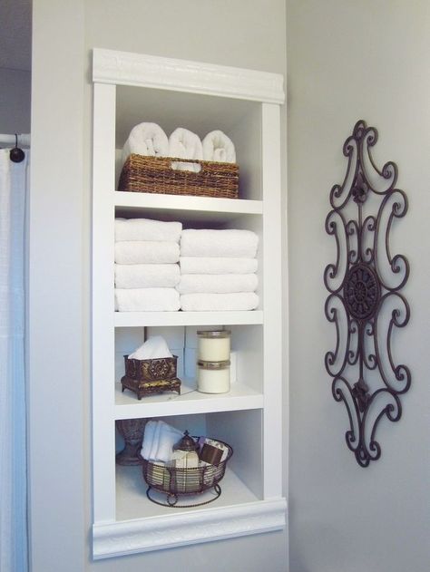 Built-In Storage Between the Studs/HomeStagingBloomingtonIL ---- DIY project to add more storage to your bathroom or any room where storage or interest is needed! Bilik Air Kecil, Between The Studs, Diy Shelves Bathroom, Makeover Kamar Mandi, Diy Bathroom Storage, Small Bathroom Storage, Design Room, Upstairs Bathrooms, Bathroom Redo