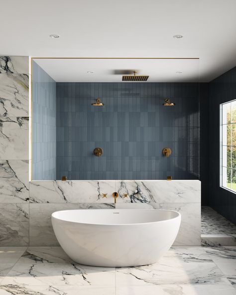 Whether you're envisioning a spa-like bathroom or a luxurious hotel lobby, Aniston is a classy and timeless choice for any size space. Comprised of 6 beautiful marble looks, this porcelain collection also features two large format sizes: 48”x48” and 48”x110,” with the latter offering a stunning bookmatch option. Elevate your surroundings with the delicate nuance of real marble without the maintenance and care required of natural material. Enjoy Aniston in a wide range of interior design styles, Whole Wall Tile Bathroom, Modern Shower Bathroom Design, Big Marble Tile Bathroom, Modern Bathroom Chrome Fixtures, Simple Pretty Bathroom, Bathroom Floor Tile Up Wall, Marble Powder Bathroom, Powder Room Masculine, Small Bathroom With Washer Dryer