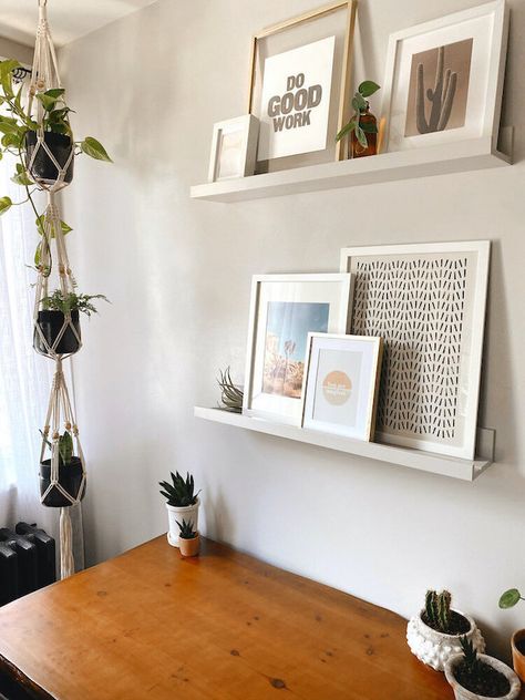 Styling Picture Ledges, Frames On Shelves, Picture Shelf Ideas, Picture Ledge Decor, Style A Picture Ledge, Picture Ledge Styling, Picture Ledge Ideas, Mosslanda Picture Ledge, Ikea Picture Ledge