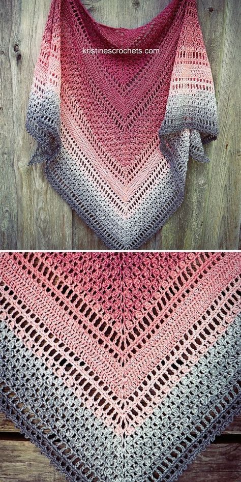 I love beautiful ombre yarns, so this shawl by Kristine immediately caught my eye. Combination of stitches makes it look very sophisticated, but in fact it’s not that hard to make. Remember that you can start ombre yarn from both ends, so in this case the shawl would be grey with a pink trim. #freecrochetpattern #crochetpattern #crochetshawl Free Crochet Scarf Patterns, Crochet Shawl Tutorial, Shawl Tutorial, Free Crochet Scarf, Crochet Scarf Patterns, Triangle Crochet, Crochet Triangle Shawl Pattern, Crochet Shawl Diagram, Crochet Triangle Scarf