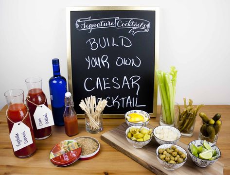 BUILD YOUR OWN CAESAR COCKTAIL BAR Caesar Drink Bar, Cesar Bar Ideas, Caesar Bar Wedding, Caesar Bar Ideas, Cottage Bachelorette Party Ideas, Cesar Bar, Caesar Bar, Caesar Drink, Caesar Cocktail