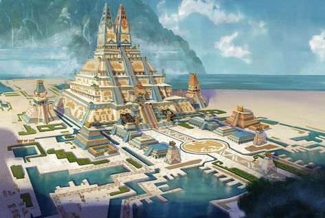 Maya And The Three, Aztec Architecture, Mesoamerican Architecture, Aztec City, Maya Art, Fantasy City, Fantasy Places, Fantasy Concept Art, Ancient Architecture