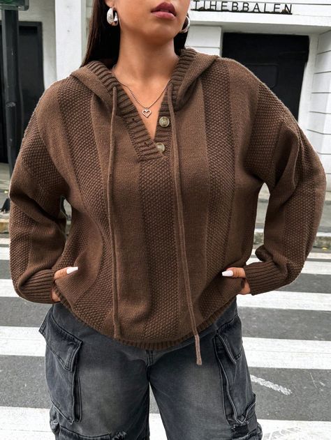 Plus Size Fashionable Minimalist Design Hoodie Sweater Coffee Brown Casual  Long Sleeve Knitwear Plain Pullovers Slight Stretch  Women Plus Clothing, size features are:Bust: ,Length: ,Sleeve Length: Plus Size Knitwear, Stand Collar Top, Loose Pullover Sweater, Coffee Sweater, Pointelle Sweater, Design Hoodie, Women Shawl, Casual Stripes, Coffee Brown