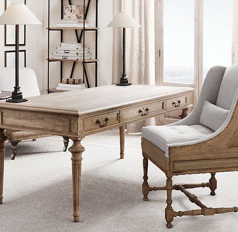 Restoration Hardware Desk Hardware, Office Redo, Portland House, Inspirational Office, Home Office Library, Partners Desk, Beach Interior, Office Library, Library Table