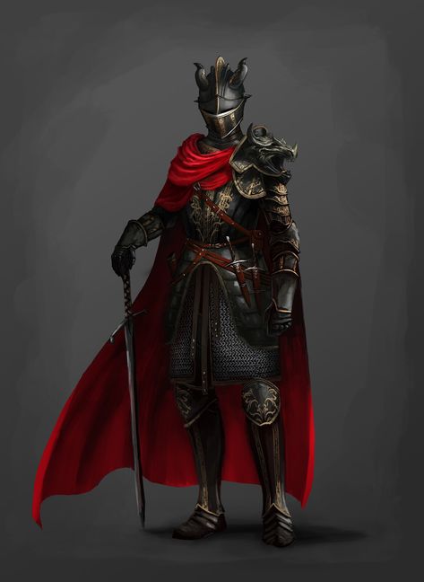 Concept: Knight in black armor, Ricardo Herrera on ArtStation at https://www.artstation.com/artwork/JlnOqA Late Medieval Armor, Black Knight Fantasy Art, Black Knight Art, Guerriero Samurai, Dragon Armor, Black Armor, Red Knight, Armadura Medieval, Gra O Tron