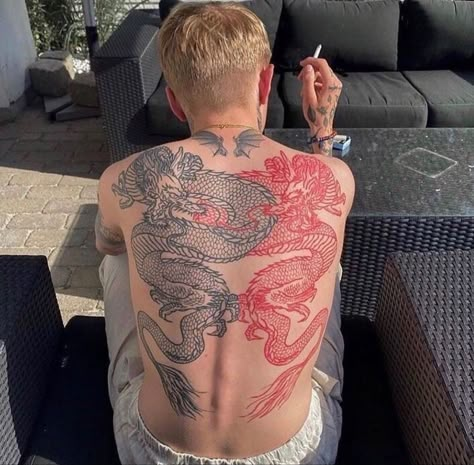 Dragon Tattoo Back, Red Dragon Tattoo, Dragon Tattoos For Men, Back Piece Tattoo, Clever Tattoos, Pieces Tattoo, Back Tattoos For Guys, Chest Piece Tattoos, Red Ink Tattoos