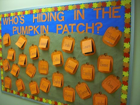 Bulletin Board, "Who's Hiding in the Pumpkin Patch?" Fall Bulletin Board Ideas, October Bulletin Boards, November Bulletin Boards, Door Bulletin Boards, Fall Bulletin Board, Halloween Bulletin Boards, Ra Bulletin Boards, Fall Bulletin Boards, Preschool Bulletin