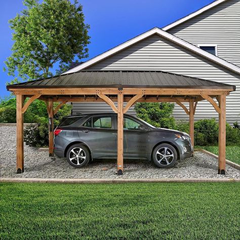 20 ft. x 12 ft. All Cedar Wood Carport Pavilion Gazebo, Shade, Rain, Hard Top Steel Metal Roof Gazebo Carport, Rectangle Gazebo, Hip Roof Design, Wooden Carports, Permanent Gazebo, Steel Roof, Outdoor Gazebos, Hip Roof, Patio Gazebo