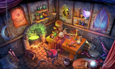 Witch Room Art, Fantasy Cottage Interior, Witch Cottage Interior, Wizard Room, Wizard House, Halloween Desktop Wallpaper, Witch Hut, Interior Concept Art, Witch Room