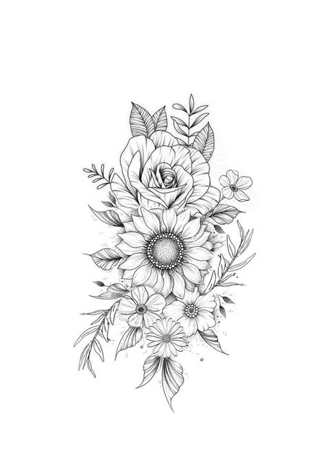 #ElegantTattoos #FineLineTattoo #ChicTattoos #ArtisticInk #SophisticatedTattoo #DelicateTattoo #MinimalistTattoo #ElegantInk #StylishTattoos #ElegantBodyArt Sunflower Rose Tattoo Shoulder, Sunflower And Rose Tattoo Thigh, Flower Tattoo Designs Daisy, Leg Tattoos Women Sunflower, Sunflower Roses Tattoo, Sunflower And Roses Tattoo Design, Sunflower Tattoo With Roses, Rose With Sunflower Tattoo, Sunflower Sleeve Tattoo Design