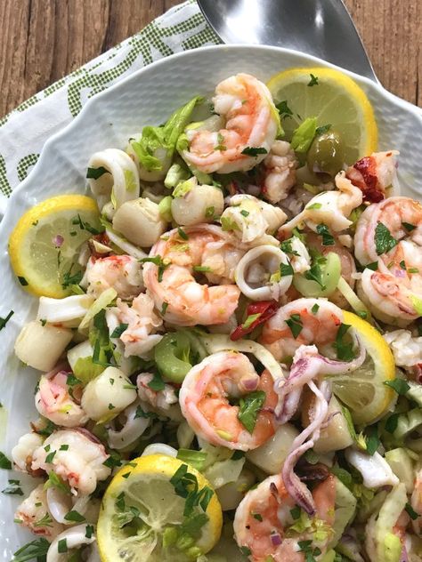 Italian Seafood Salad - Proud Italian Cook Italian Seafood Salad Recipe, Italian Seafood Salad, Seafood Salad Recipe, Italian Seafood, Sea Food Salad Recipes, Seven Fishes, Salads Recipes, Seafood Salad, Fun Salads