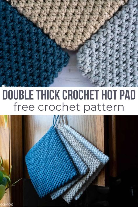 Something ALL households need? Hot pads and potholders! Follow this FREE crochet pattern to make a set of easy double thick crochet hot pads. Potholder Patterns Free, Crochet Hot Pad, Thick Crochet, Crochet Pot Holders Free Pattern, Crochet Potholder, One Skein Crochet, Crochet Potholder Patterns, Crochet Hot Pads, Crochet Decor