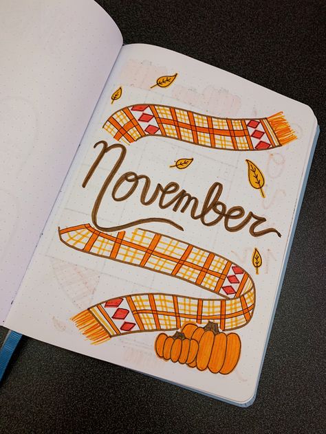 November Notebook Ideas, Drawings For November, Planer Ideas November, November Journal Ideas Cover, Bulett Journal Page Ideas November, November Junk Journal, November Title Page, November Doodles Bullet Journal, November Drawing Ideas