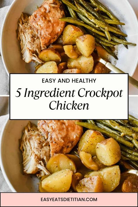 This viral Tiktok 5 ingredient crockpot chicken, potatoes and green beans is absolutely delicious and so easy to throw together on a busy weeknight! The chicken and veggies are thrown together in a crockpot with melted butter and Lipton onion soup and dip mix and set to cook on high for 4 hours! #tiktokdinner #tiktokrecipe #viralrecipe #slowcookerrecipes #slowcooker #crockpot #crockpotrecipes Crockpot Soup Recipes With Potatoes, Easy Crock Pot Chicken And Potatoes, Chicken Veggie Crockpot, Crockpot Meals With Green Beans, Italian Chicken Crockpot Potatoes, Crockpot Chicken Lipton Onion Soup, Crock Pot Recipes Easy 4 Ingredients, Crock Pot Chicken And Green Beans, Crockpot Chicken Potatoes Green Beans Ranch