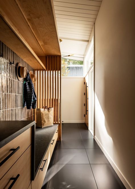 Melton Midcentury Renovation — CAST architecture Mid Century Laundry Room, Dark Beams, Small Colonial, Mid Century Entryway, Mid Century Ceiling, Modern Laundry Rooms, Mudroom Design, Clerestory Windows, Modern Architects