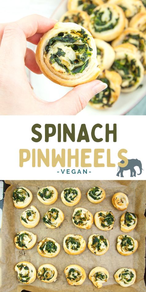 Are you having friends over and you want to serve something quick, delicious, and crowd-pleasing? Then you have to make these Vegan Spinach Pinwheels! It's finger-food at its best! | ElephantasticVegan.com #vegan #pinwheels #spinach Spinach Pinwheels, Italian Spinach, Vegetarian Finger Food, Vegan Dinner Rolls, Vegan Finger Foods, Vegan Potluck, Vegan Feta Cheese, Vegan Party Food, Vegan Party