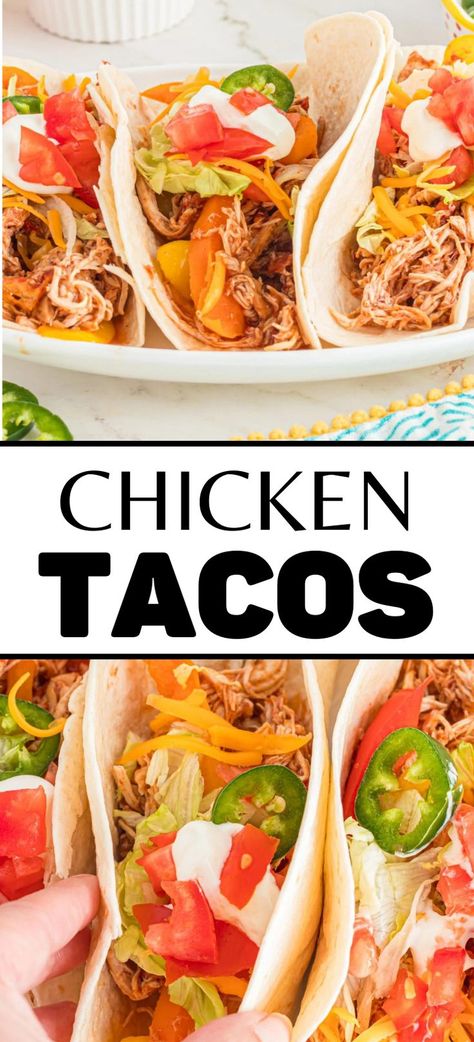 Collage of crock pot shredded chicken tacos at top and bottom. Crock Pot Shredded Chicken Tacos, Easy Shredded Chicken Tacos, Crock Pot Shredded Chicken, Pulled Chicken Crock Pot Recipes, Slow Cooker Pulled Chicken, Crockpot Pulled Chicken, Pulled Chicken Tacos, Taco Dishes, Pulled Chicken Recipes