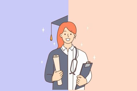 Success Illustration Art, University Student Illustration, Successful Doctor, Pp Cute, Graduation Illustration, Smiling Female, Student Picture, Work Balance, Becoming A Doctor