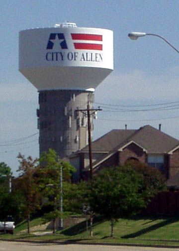 Allen Tx.....every city in TX has it's own watertower! 6hrs from Greenbrier. Silo Art, Allen Texas, Texas Living, Water Towers, Water Intake, Texas Homes, Texas Real Estate, Water Tower, Water Tank