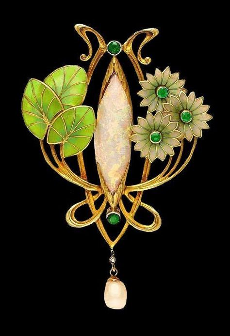 Art Nouveau Brooch ca.1900, by Georges le Turcq. Bijoux Art Deco, Bijoux Art Nouveau, Art Nouveau Design, Art Nouveau Jewelry, Enamel Brooch, Deco Jewelry, Vintage Jewels, Flowers Leaves, Enamel Jewelry