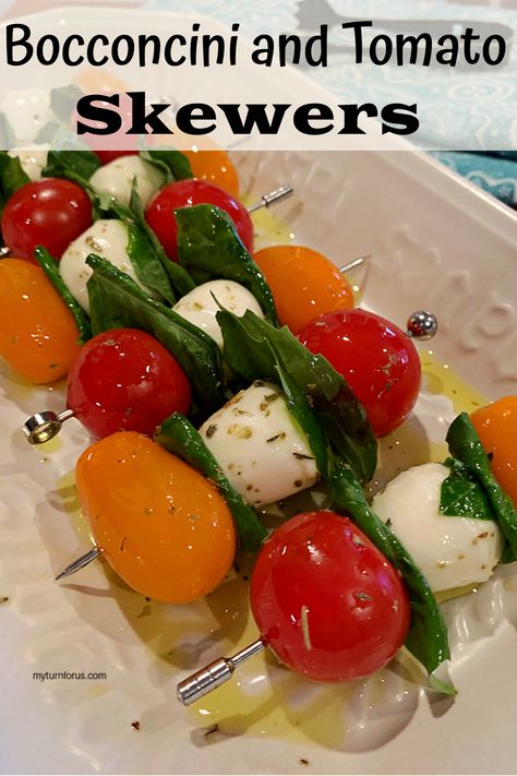 Tomato Bocconcini Skewers, Mozzarella And Tomato Skewers, Mini Bocconcini Recipes, Bocconcini Skewers, Marinated Bocconcini, Valentines Appetizers, Cheese Kabobs, Mozzarella Appetizers, Tomato Skewers