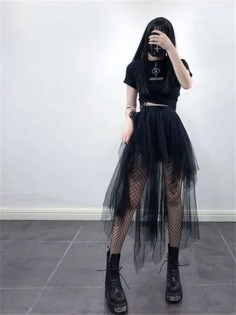 Gothic Black Mesh Long Mini Skirt Women Multilayer Irregular Dark Aesthetic Fairy Grunge Midi Skirts Punk Emo Alt Korean Fashion - Skirts - AliExpress Tulle Skirt Women, Harajuku Skirt, Black Tulle Skirt, Crazy Fashion, Tule Rok, Aesthetic Fairy, Women Summer Fashion, Gauze Skirts, Tulle Skirt Black