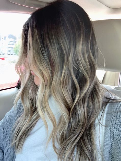 Dark Based Balayage, Winter Blonde Balayage On Dark Hair, Dark Roots Light Highlights, Neutral Blonde Balayage Dark Roots, Dark Blonde With Brown Roots, Dark Blonde With Dark Roots, Blending Brown Roots With Blonde Hair, Full Blonde Balayage On Dark Hair, Blonde Hair On Dark Roots