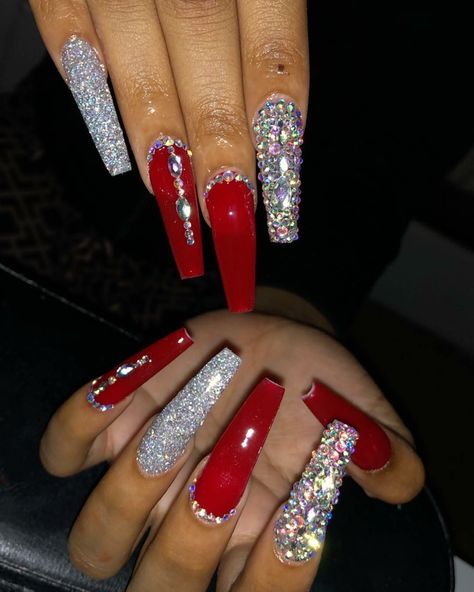 Blinged Out Nails Rhinestones Red, Blingy Red Nails, Hoco Nails Red And Silver, Red Glam Nails Coffin, Red And Silver Nails Coffin, Red And Silver Wedding Nails, Red Nails With Bling Rhinestones, Red Nails And Rhinestones, Red Nails Acrylic With Glitter