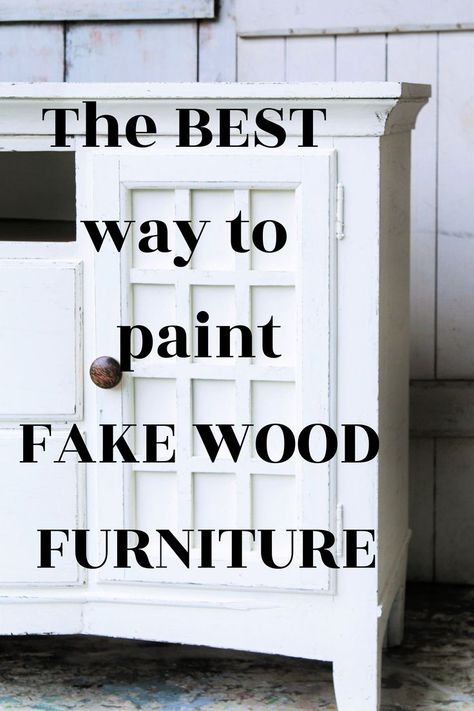 Easy way to paint and distress fake wood furniture. This entertainment center is painted white. Painting Non Wood Furniture, Can You Paint Pressed Wood, Adding Wood Trim To Furniture, Paint Pressed Wood Furniture, Painted Mdf Furniture, How To Paint Over Veneer Furniture, Fake Wood Furniture Makeover, Painting Pressed Wood Furniture, Refinishing Fake Wood Furniture