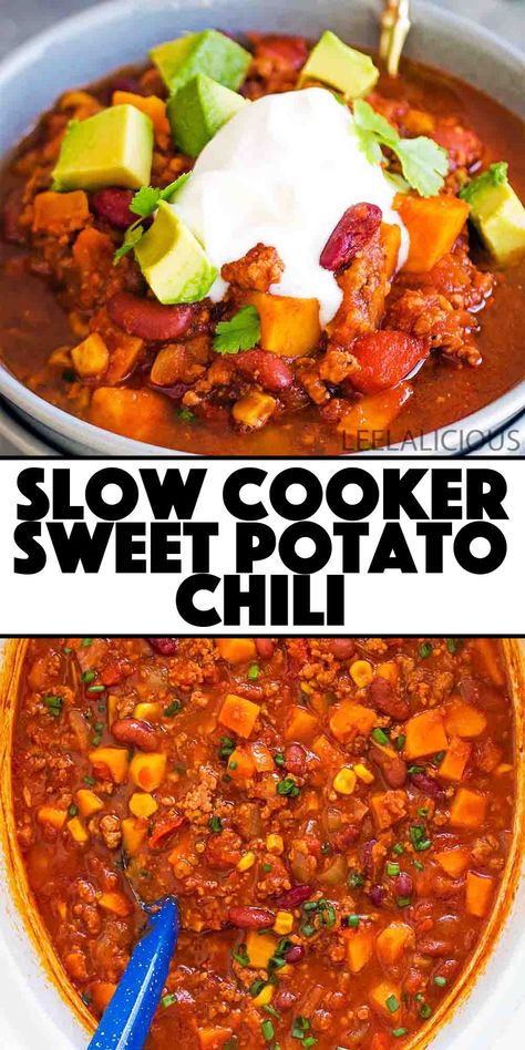 Slow Cooker Sweet Potato Chili » LeelaLicious Turkey Chili Sweet Potato Crock Pot, Chili With Sweet Potato Crock Pot, Crockpot Sweet Potato Turkey Chili, Sweet Potato Crockpot Chili, Crock Pot Sweet Potato Chili, Slow Cooker Quick Meals, Sweet Potato Recipe Crockpot, Tofu Chili Crockpot, Sweet Potato And Turkey Chili