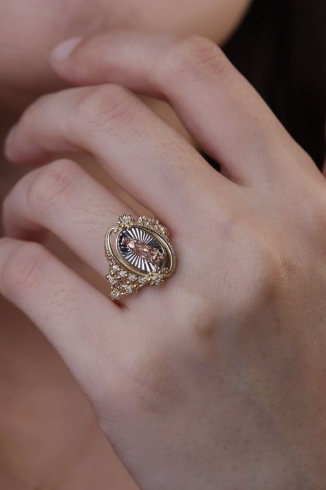 Mexican Rings, Gold Rosary, Heart Band, Lady Of Guadalupe, Pink Car, Star Ring, Cz Ring, Mother Mary, Virgin Mary