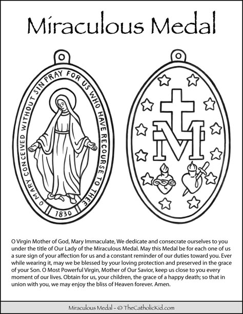 Miraculous Medal Prayer Coloring Page - TheCatholicKid.com Miraculous Mary Tattoo, Miraculous Medal Art, Miraculous Medal Prayer, Miraculous Medal Tattoo, Catholic Coloring Pages, Prayer Cards Printable, Catholic Kids Crafts, Catholic Symbols, Mary Immaculate