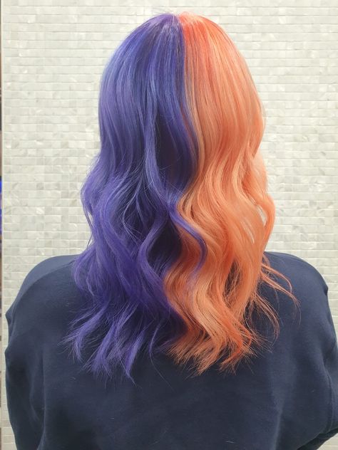 Purple Orange Hair Ombre, Orange Purple Split Dye, Half Orange Half Purple Hair, Split Dyed Hair Orange, Purple Ginger Hair, Purple And Orange Hair Split, Orange Purple Hair, Mermaid Balayage, Orange And Purple Hair