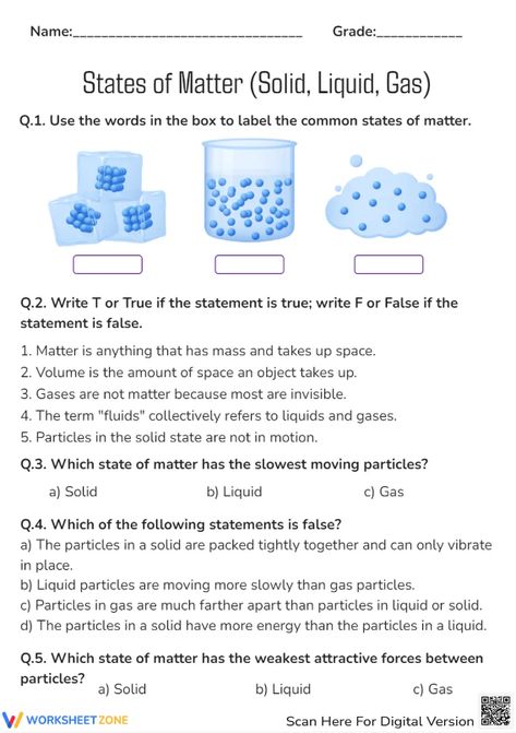 Get to know states of matter, which are solid, liquid and gas with this worksheet as your partner! #science #solid #liquid #gas #solidliquidgas #statesofmatter #kidsactivities #test #quiz #freeprintable #worksheet #pdf #scienceforkids #scienceworksheets #exercises Solid Liquid Gas Worksheet, Evs Worksheet, Solid Liquid Gas, States Of Matter Worksheet, Homework Ideas, Matter Worksheets, Study Chemistry, Work Sheet, Matter Science