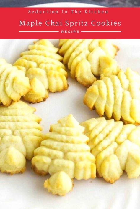 Easy Spritz Cookie Recipe, Cardamon Cookies, Chai Syrup, Spritz Cookie Press, Chai Cookies, Spritz Cookie Recipe, Maple Cookies, Maple Butter, Honey Cookies