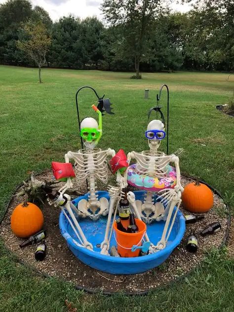 40+ Spooktastic Skeleton Halloween Decoration Ideas for Front Yard - HubPages Camping Trick Or Treat Ideas, Halloween Decor Skeletons, Skeleton Pool Party, Camp Ground Halloween Decorations, Diy Summerween Decorations, Halloween Decorations Camping, 5 Foot Skeleton Ideas, Halloween Campground Decorations, Skeletons Halloween Outdoor