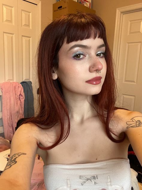 mermaid core girl takes a selfie with baby bangs/ micro bangs with light sparkly mermaid makeup Aesthetic Haircut With Bangs, Orange Hair Micro Bangs, Very Short Bangs Long Hair, Wolfcut Micro Bangs, Micro Bangs Medium Hair, Red Hair Micro Bangs, Bob With Bangs Oval Face, Micro Bangs Red Hair, Shoulder Length Hair And Bangs