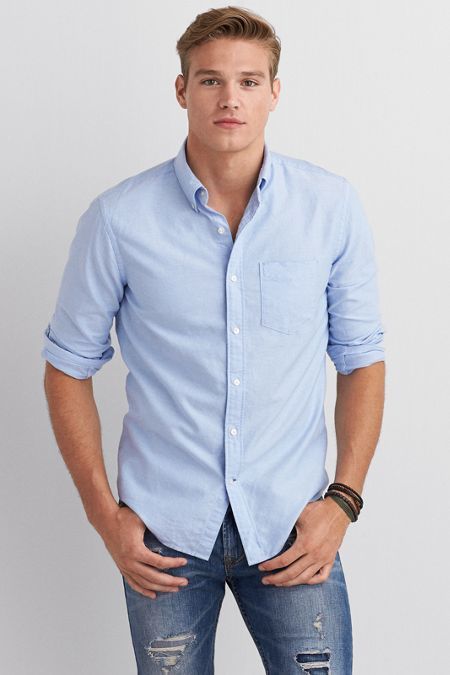 American Eagle Outfitters AE Solid Oxford Button Down Shirt American Eagle Outfits Men, Oxford Shirt Outfit, Oxford Shirt Men, Shirt Outfit Men, American Eagle Outfits, Blue Button Up Shirt, Shirt Illustration, Cotton Shirts For Men, Light Blue Shirts