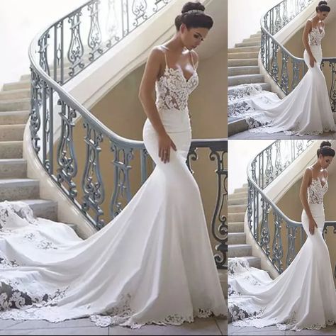 Mermaid Wedding Dresses Spaghetti Straps Lace Backless Sweep Train Bridal Gown | eBay Bride Dress Backless, Wedding Dresses 2023, Boho Bride Dress, Wedding Dresses Spaghetti Strap, Satin Mermaid Wedding Dress, Backless Bridal Gowns, Boho Bridal Gowns, Dress Luxury, Bohemian Bridal