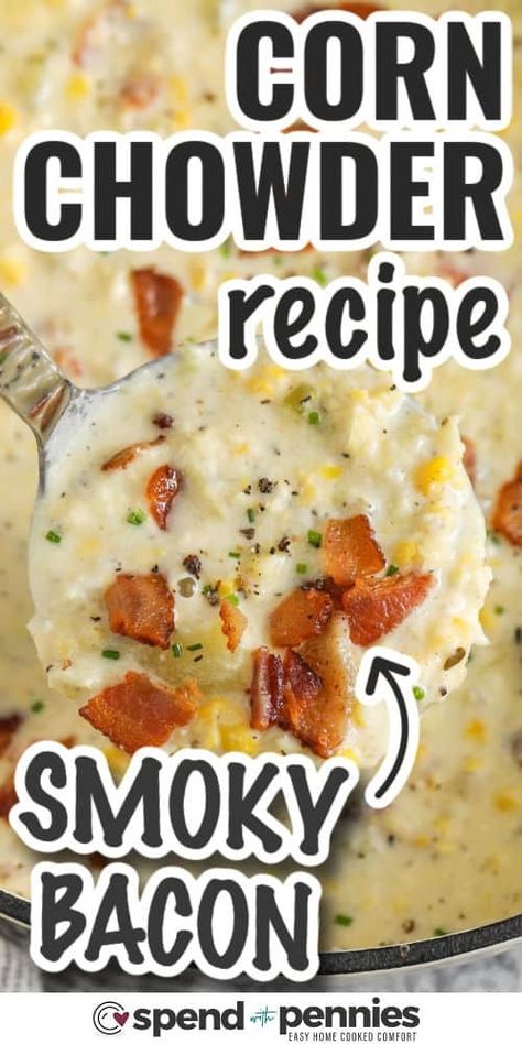 If you are looking for a super tasty and comforting corn chowder recipe, try this one made with crispy bacon, potatoes, and sweet corn, cooked in a creamy broth. With simple ingredients this chowder is both easy to make and full of comforting flavors. Perfect for a cozy lunch, it’s a meal the whole family will love. Top it off with extra bacon and green onions for the finishing touch. #spendwithpennies Easy Creamy Soup, Easy Corn Chowder Recipe, Seasonal Soups, Slow Cooker Corn Chowder, Easy Corn Chowder, Bacon Corn Chowder, Bacon Potatoes, Smart Eating, Oven Baked Bacon