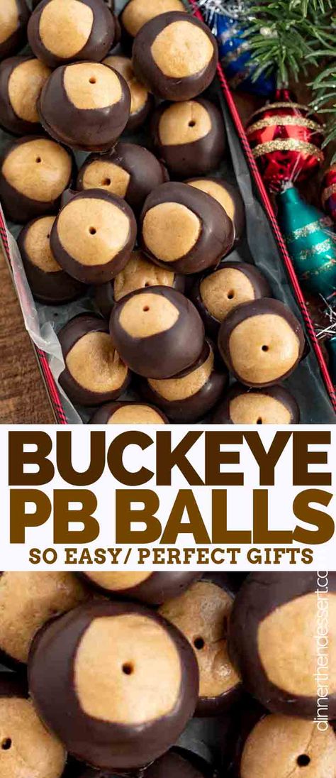 Buckeye Balls are an EASY dessert made from peanut butter balls dipped in chocolate and refrigerated to make a no-bake candy treat with only 6 ingredients! #easy #recipe #best #christmas #holidays #peanutbutter #simple #chocolate #dessert #buckeye #dinnerthendessert Simple Chocolate Dessert, Buckeye Dessert, Buckeye Balls Recipe, Buckeye Recipe Easy, Pb Balls, Buckeye Balls, Buckeyes Recipe, Peanut Butter Balls Recipe, Dipped In Chocolate