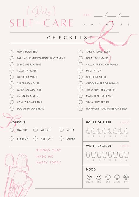 Self Help Checklist, Self Care Daily Planner, Daily Selfcare Checklist, Self Love Daily Routine, Self Care Checklist Aesthetic, Self Care Check In, Self Care Checklist For Women, That Girl Checklist, Reset Day Checklist