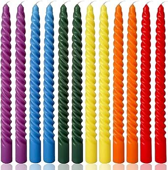 10 Inch Rainbow Spiral Taper Candles for Home Decoration, 12 Pack 6-Color Candlesticks for Dinner Party Wedding Holiday Colored Taper Candles, Blue Taper Candles, Unscented Candles, Colored Candles, Tall Candles, Dripless Candles, Dinner Party Wedding, Candles Holder, Rainbow Candle