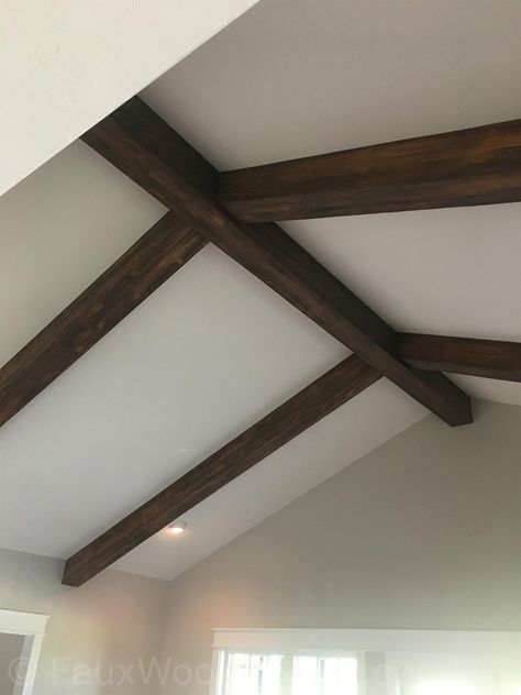 Vaulted Ceiling Beams Gallery | Photos and Ideas to Inspire Beamed Vaulted Ceiling, Faux Beams Cathedral Ceiling, Racked Ceiling Living Room, Racked Ceiling, Black Beams Living Room, Dark Ceiling Beams, False Beams, Farmhouse Beams, Dark Wood Ceiling