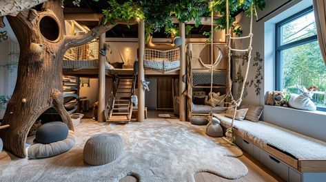 21 Luxury Playroom Ideas to Spark Imagination - Oh La De Tree House Bedroom For Boys, Indoor Tree House Kids, Cool Kids Playroom Ideas, Basement Treehouse, Indoor Play Fort, Indoor Treehouse Playroom, Fort Ideas Indoor Bedroom, Playroom With Slide, Playroom Design Indoor Playground